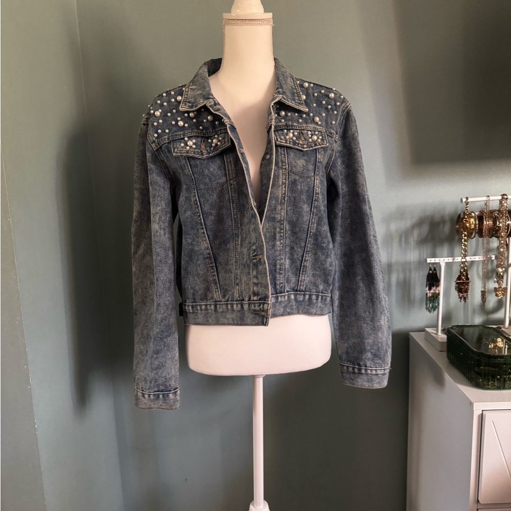 Denim Pearl Studded Oversized Jacket